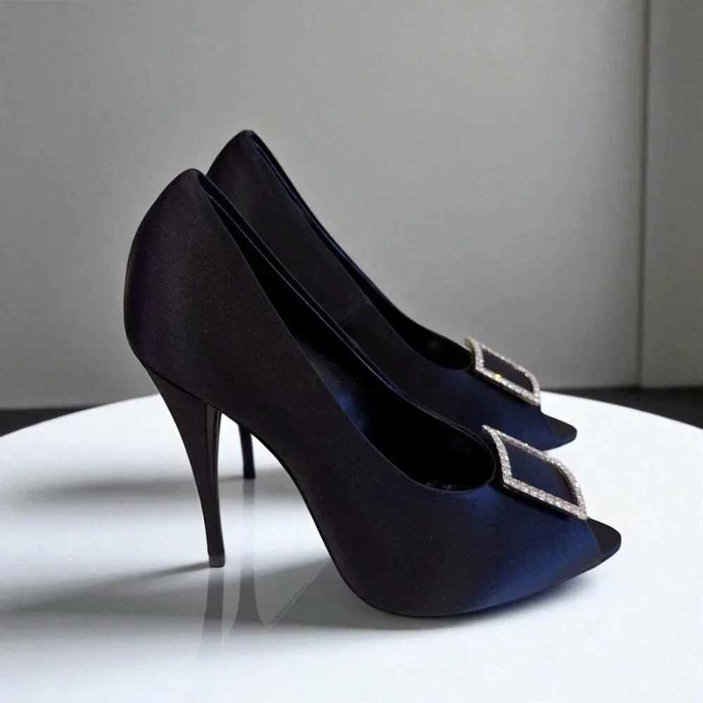 NIB Authentic Saint Laurent Black Frankly 115 Satin Peep Pump Sandals - Picture 5 of 16